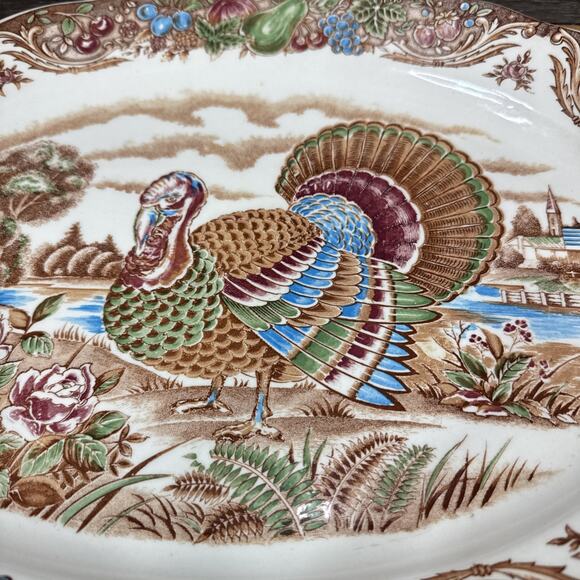 VTG Large Brown Transfer Ware Thanksgiving Turkey Platter SM Japan 18x14” - Picture 6 of 10